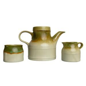 Vintage Kiln Craft Festival Coffee Tea 3-Piece Set w/ Creamer Sugar & TeaPot-EUC